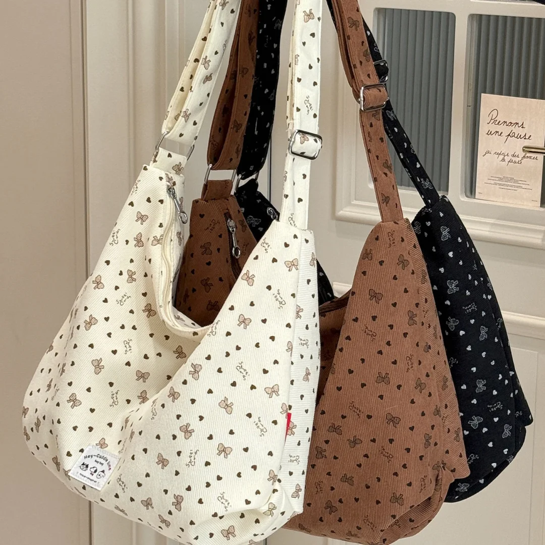 Vintage Corduroy Bow Print Large Shoulder Bag Soft Dumpling Crossbody for Women School Travel Casual Daily Fashion Tote