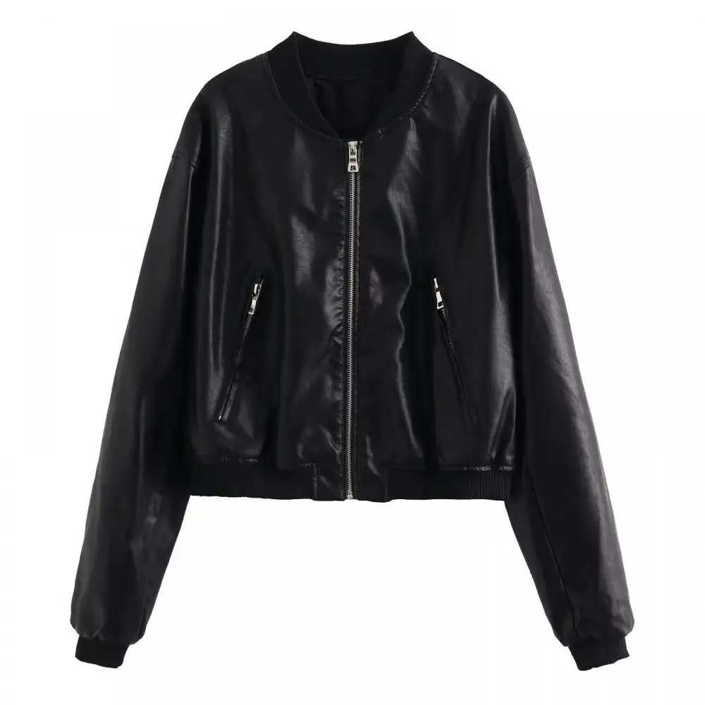 Street-Style Cropped Jacket Stand Collar Motorcycle Pilot Coats Commuter Slim Leather Stylish All-In-One Coat Outing Jackets