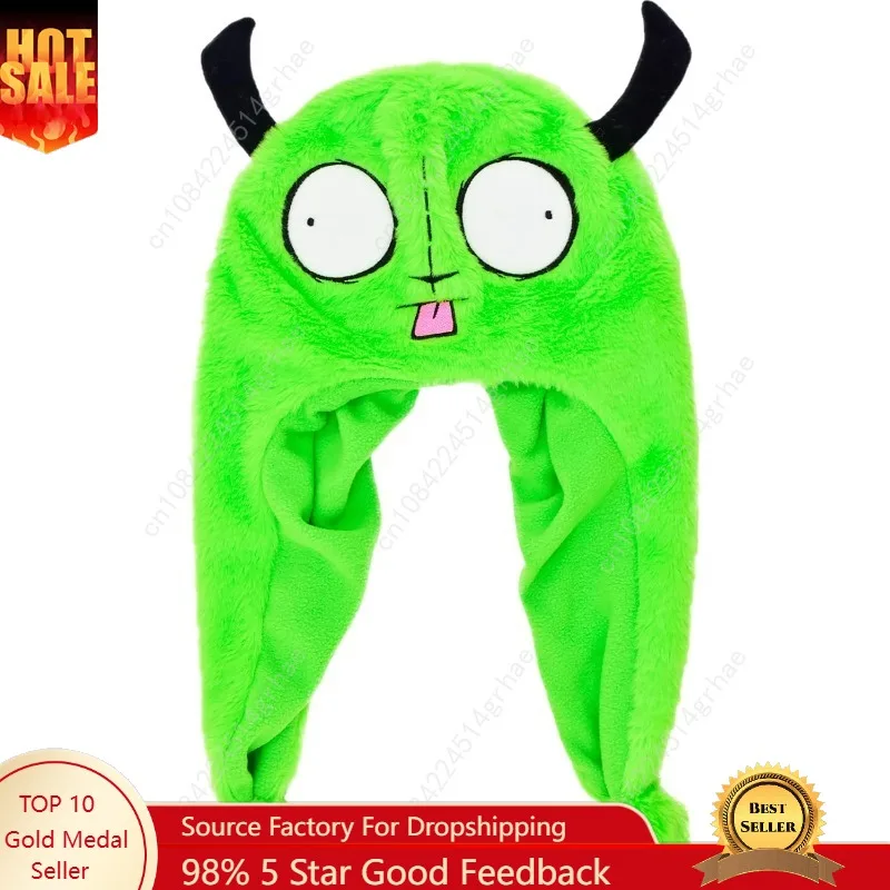 

Invader Zim Beanie Hat, Gir Men's Cuffed Peruvian Winter Knit Cap with 3D Horns, Green, One Size