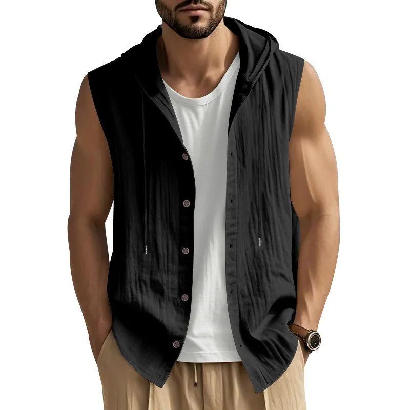 Lightweight Linen Vest Open Front Sleeveless Jacket Asymmetrical Hem Hooded Vest Drawstring Hood Casual Vest Solid Relaxed Fit