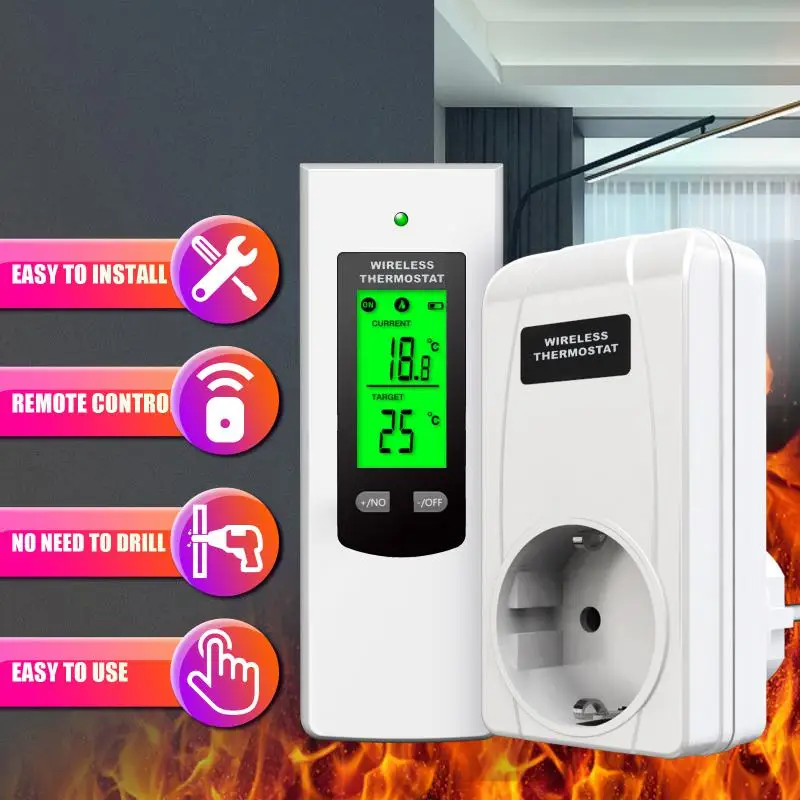 Wireless Thermostat Heating  Cooling Mode Built In Lcd Display For Heater With Remote Control Timer Socket Temp Sensor