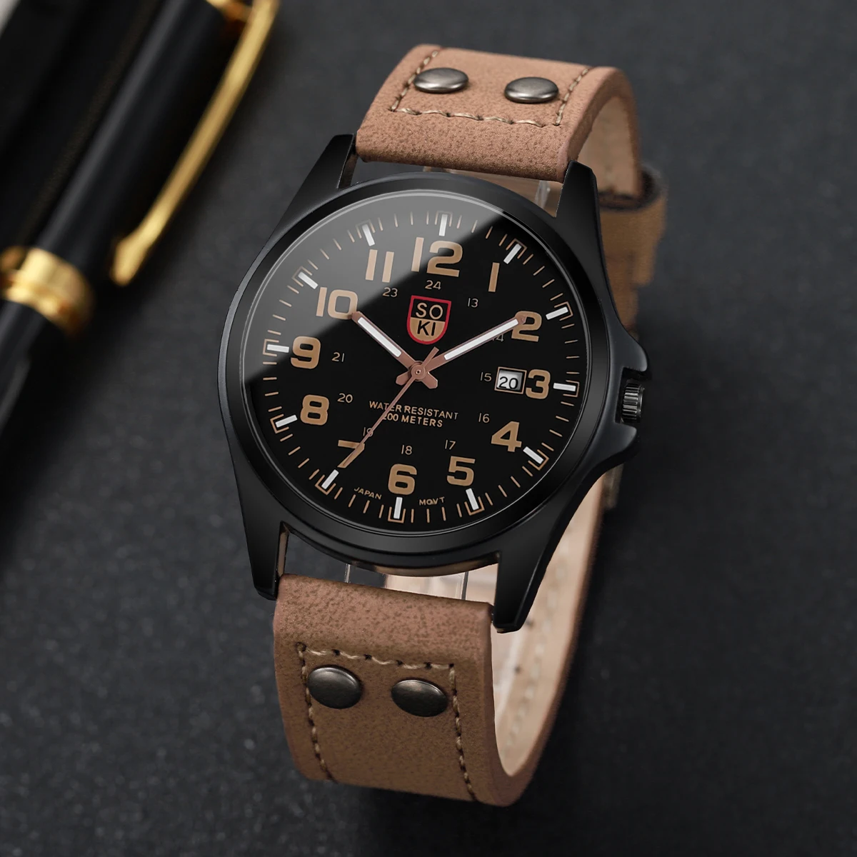 

Fashion Arabic Dial Men Quartz Watch Casual Leather Strap Men's Calendar Sports Watches