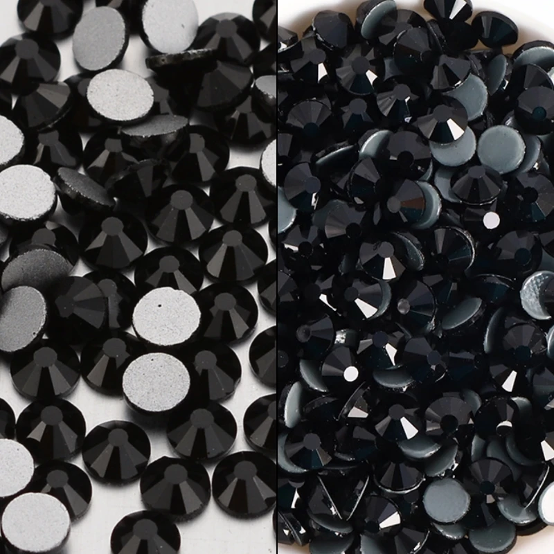 Black Glass Flatback Rhinestones Mix Size Glitter Round Glue On Diamond Non Hotfix Rhinestone for Nail Art Clothes Decoration