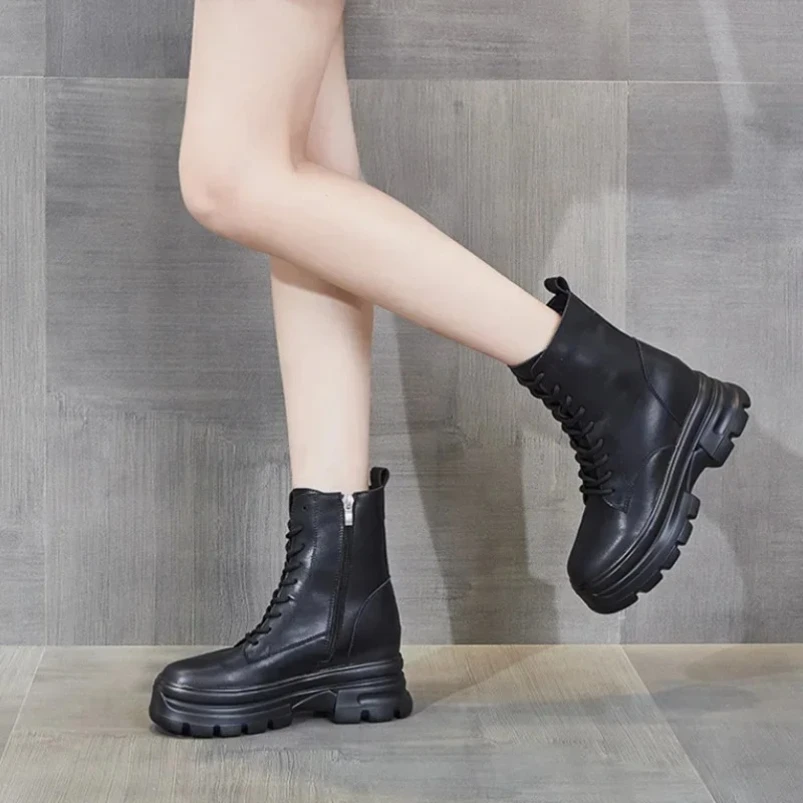 

Женские ботильоны, размеры 34–40, 2023, туфли на платформе из натуральной кожи, увеличивающие рост, женские зимние модные ботинки на платформе