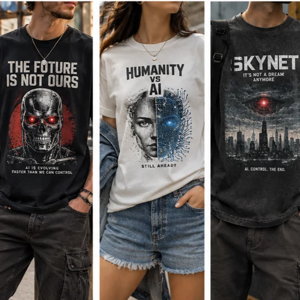 Tech Style Human and AI Contrast Print Tshirt for Men Futuristic Sci Fi Graphic Casual Loose Gray Short Sleeve Cotton Tees