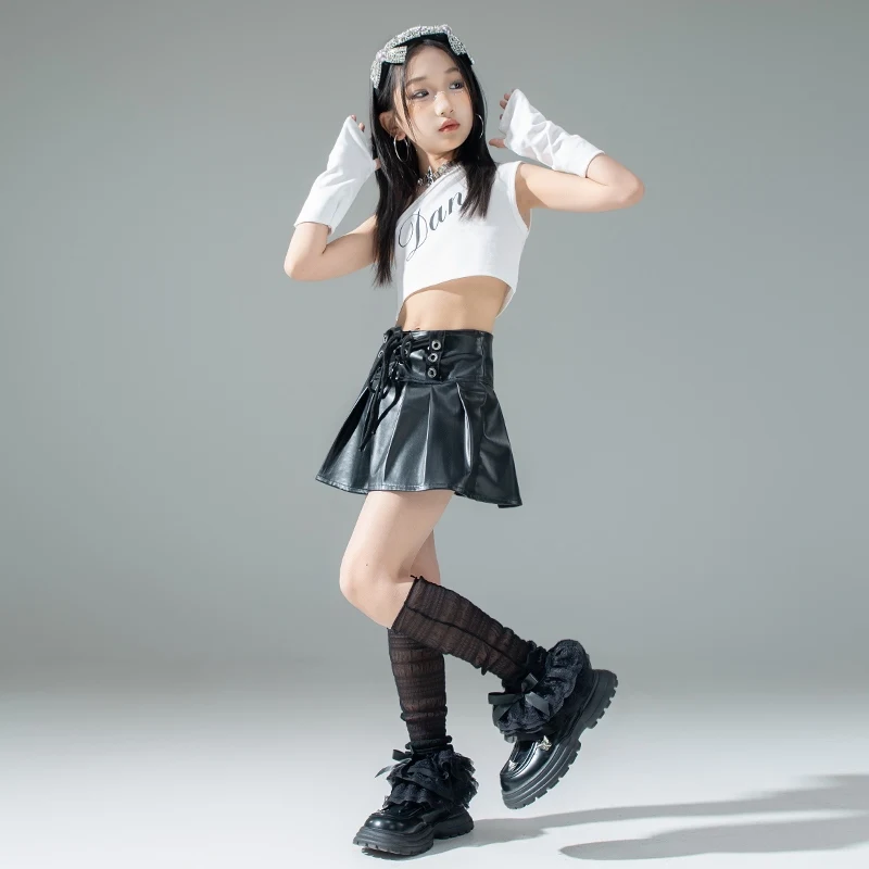 아동 의류 여름 재즈 댄스 의상 힙합 스트리트 댄스 착용 흰색 조끼 블랙 미니 스커트 소녀 Kpop 무대 복장 3383