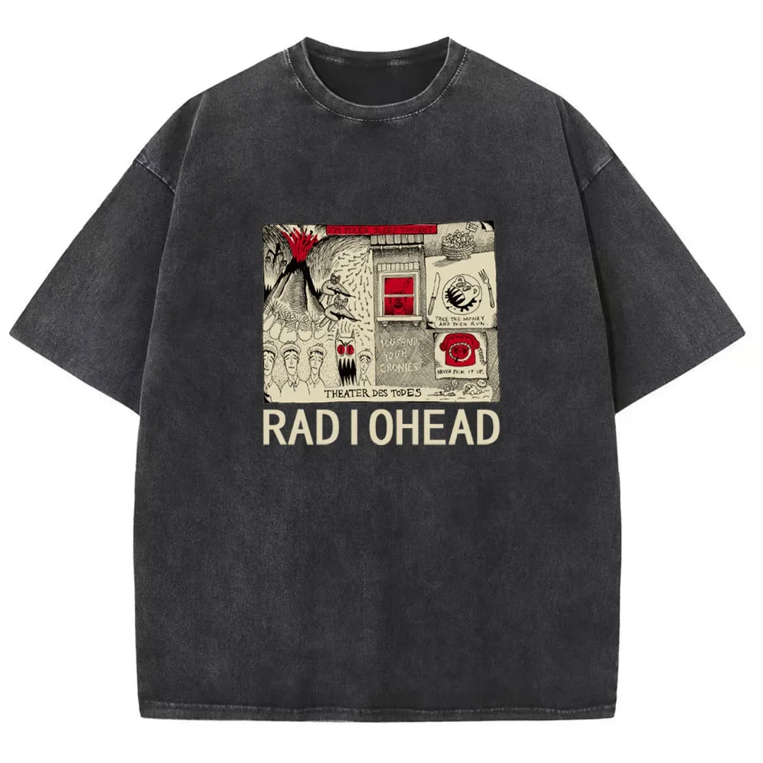 Radiohead T-Shirt Classic Retro Rock Band Graphic Washed Distressed T-Shirt Premium Men\'s Hip Hop Street Short Sleeve T-Shirt