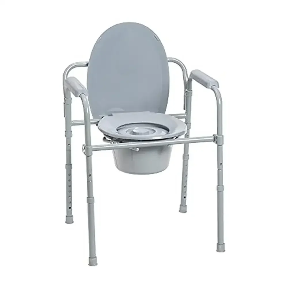 

Portable Folding Commode Chair 350lb Capacity Toilet Seat Grey Bucket Armrests Easy Assembly Carry Handle