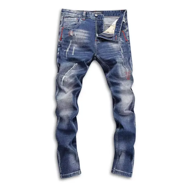 y2k Streetwear Men Jeans Retro Blue Stretch Slim Fit Frayed Ripped Jeans Men Embroidery Designer Vintage Denim Pants Hombre