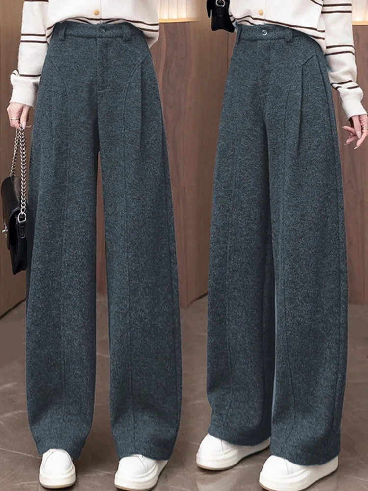 

ay Свободные шерстяные брюки с высокой талией и широкими штанинами, женские осенне-зимние новые брюки для поездок на работу, корейская версия, прямые блузки...