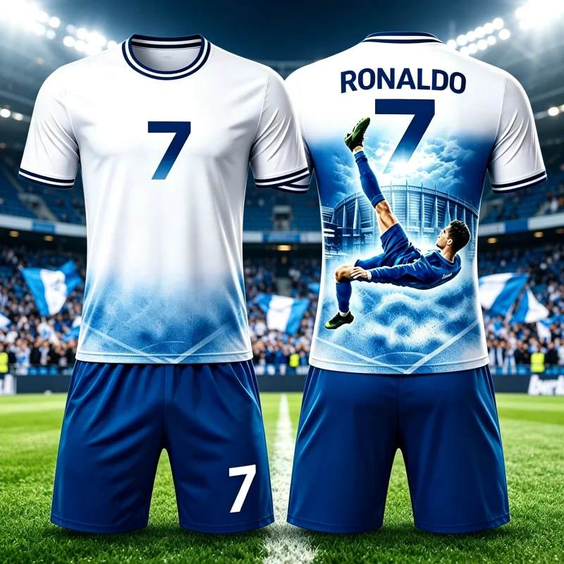 Fashion Summer New Hot Selling Ronaldo # 7 Football Sports Breathable Soft Short Sleeved T-shirt and Shorts Set Family Kids Tees