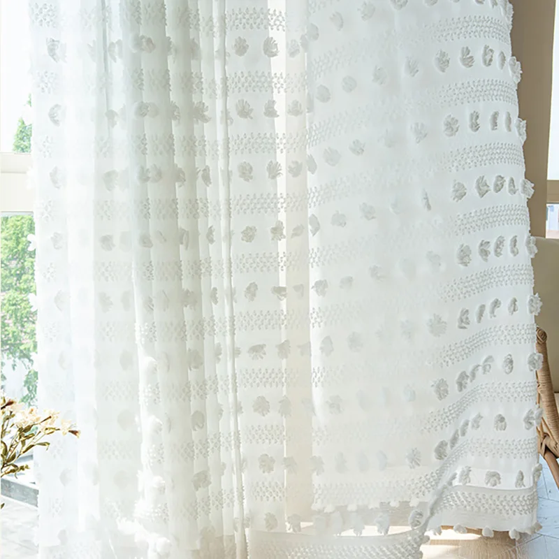 White Stripe Tulle 3D Pompom Embroidery Sheer Curtain for Living Room Elegant Light Filtering Translucent Voile Window Drapes