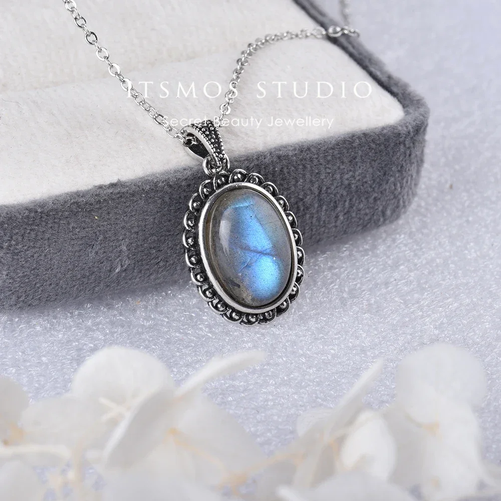 ITSMOS Natural Labradorite Silver Plated Pendant Necklace Simple Stone Vintage Fashion Elegant Jewelry for Women Romatic
