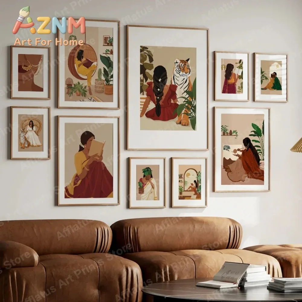 Indian Woman Saree Reading Desi Art Brown Girl Plants Tiger Abstract Posters of Wall Art Canvas Prints Pictures Boho Room Decor