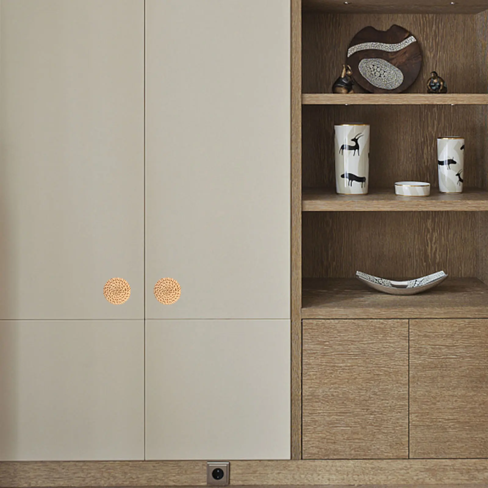 

6 Sets Boho Rattan Wooden Drawer Knobs Round Smooth Handles Dresser Cabinet Pulls Decorative Furniture Handles Replacement