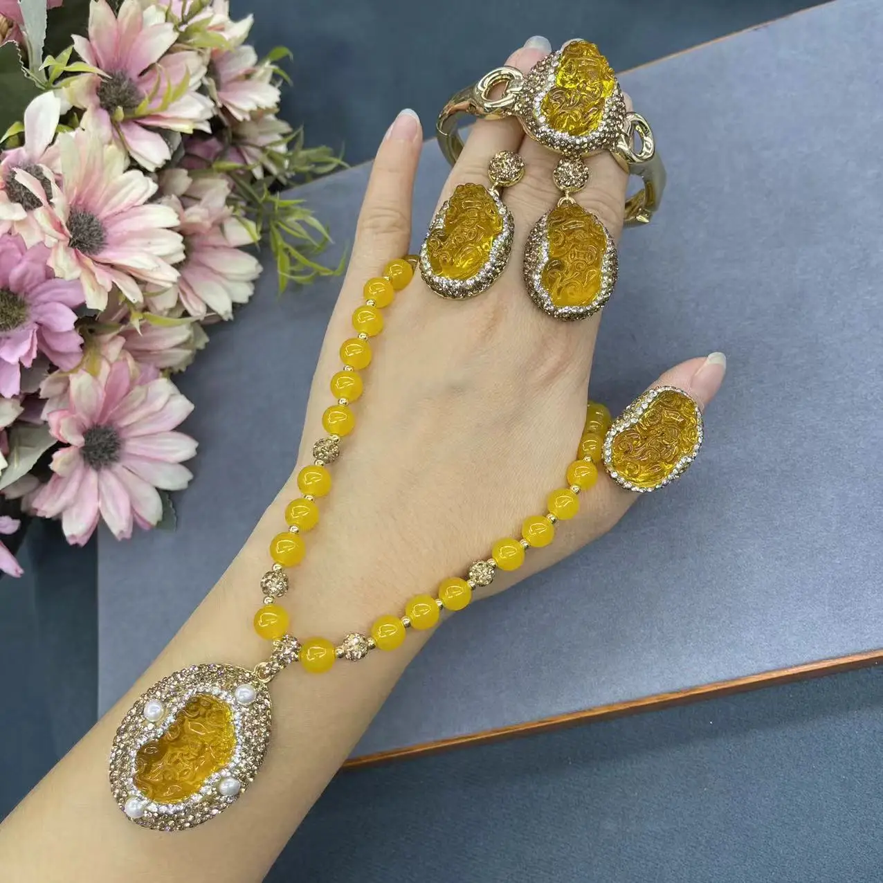 シトリン貔貅象嵌バロックパールクリスタルペンダントネックレスイヤリングリングブレスレットセット女性用チャームジュエリーパーティーギフト