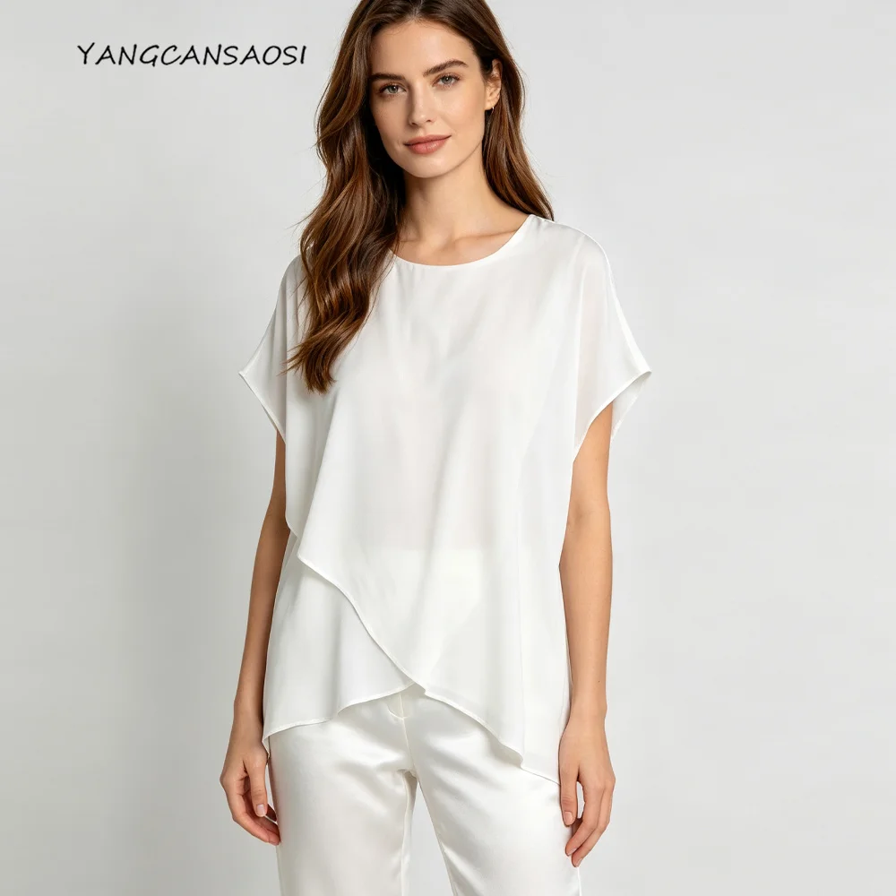 Women's Casual Summer New Overlapping 93% Natural Mulberry Silk Elastic Double Qiao Satin White Round Neck Short Sleeved T-shirt