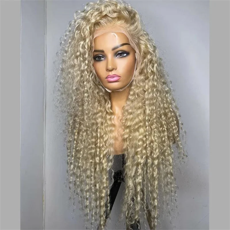 

Preplucked Glueless Soft 180Density Long Blonde 613 Kinky Curly Lace Front Wig For Black Women BabyHair Heat Resistant