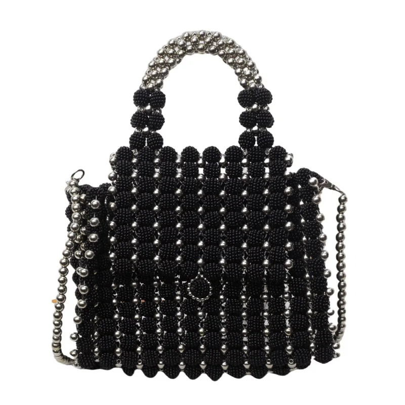 

2025 New Black Small Square Bag Tote Women Beading Crossbody Bag Coin Purse Vintage Pearl Shoulder Crossbody Bag