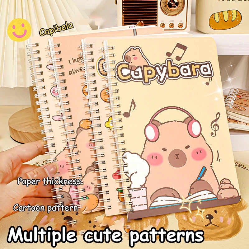 Kawaii Capybara Bobina Notebook, Adorável Notepad Portátil, Material escolar e de escritório, Diário do Estudante, Presentes de Aniversário do Amigo, 4Pcs
