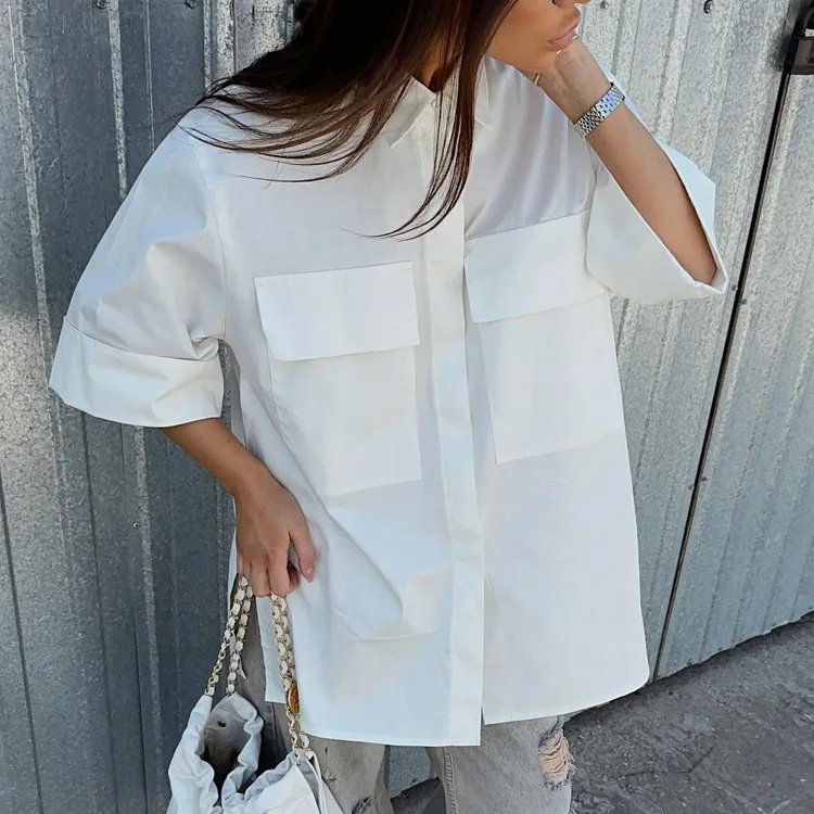 

DSMTRC 2026 Summer Clothes Women Blouses and Shirts Short Sleeve White Solid Fashion Loose Double Pockets Turn-down Collar Shirt