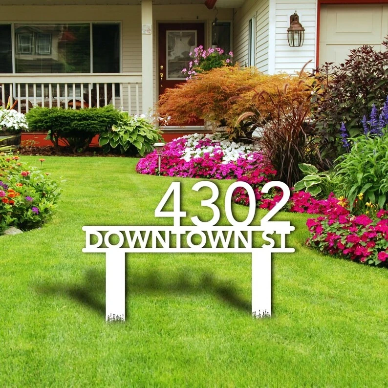 

Modern Metal House Number Sign: Personalized Address Garden Stake