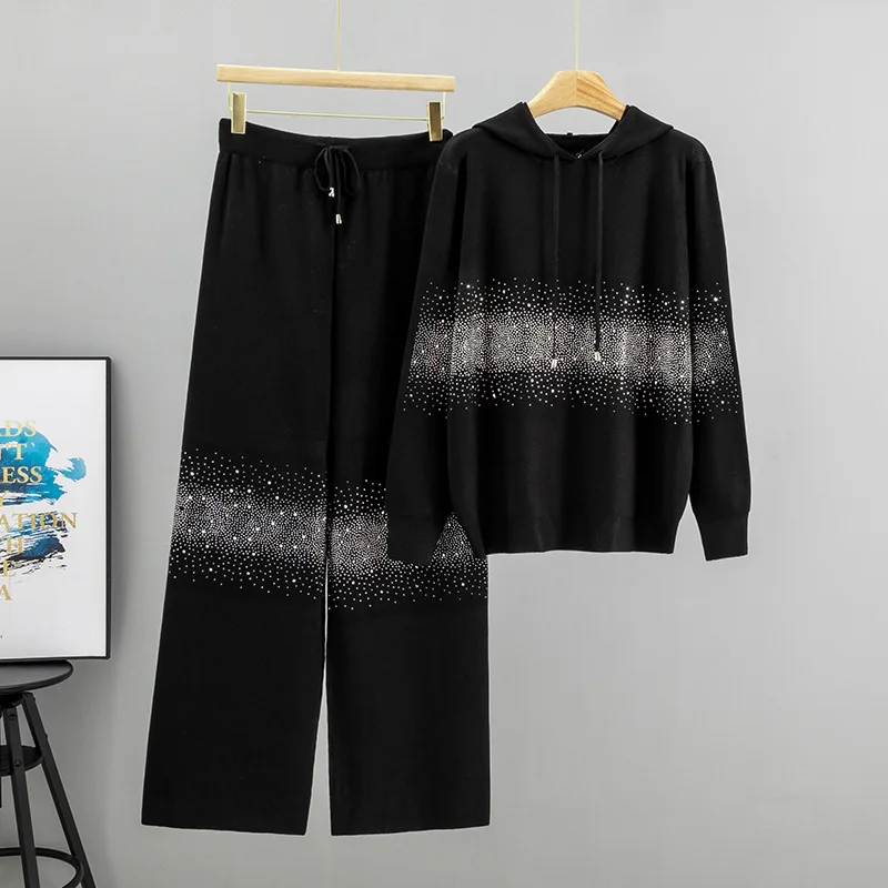 Europese en Amerikaanse zigeunersterren Hot Diamond Fashion herfst winter nieuwe gebreide pak met capuchon dames wijde broek tweedelige set