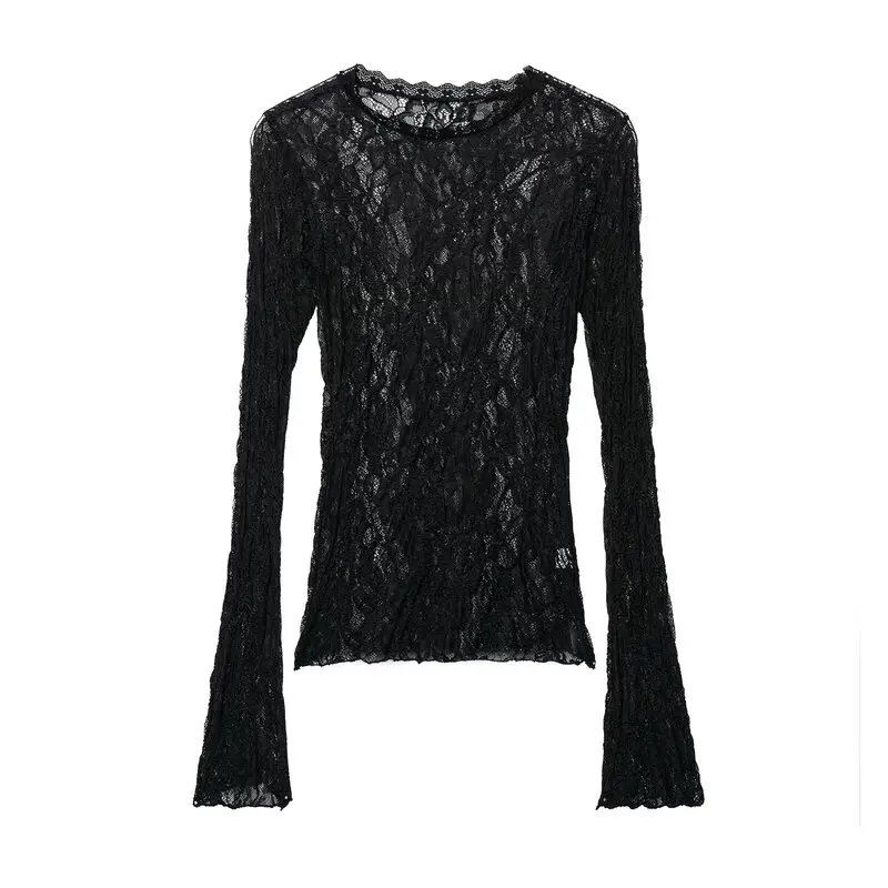 Spring Summer 2026 Women's round Neck Lace Hollow out Long Sleeve Top New Arrival Elegant Simple Style Slim Fit Fashion Trend
