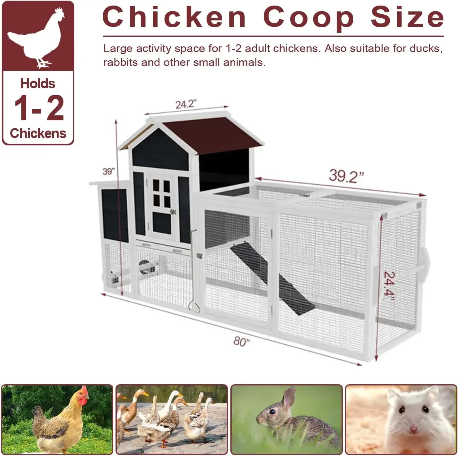 

（XMSJ-Hot）80” Mobile Chicken Coop for 1-2 Chickens with Wheels,Outdoor Wooden Hen House with Nesting Box,Large Rabbit Hutch