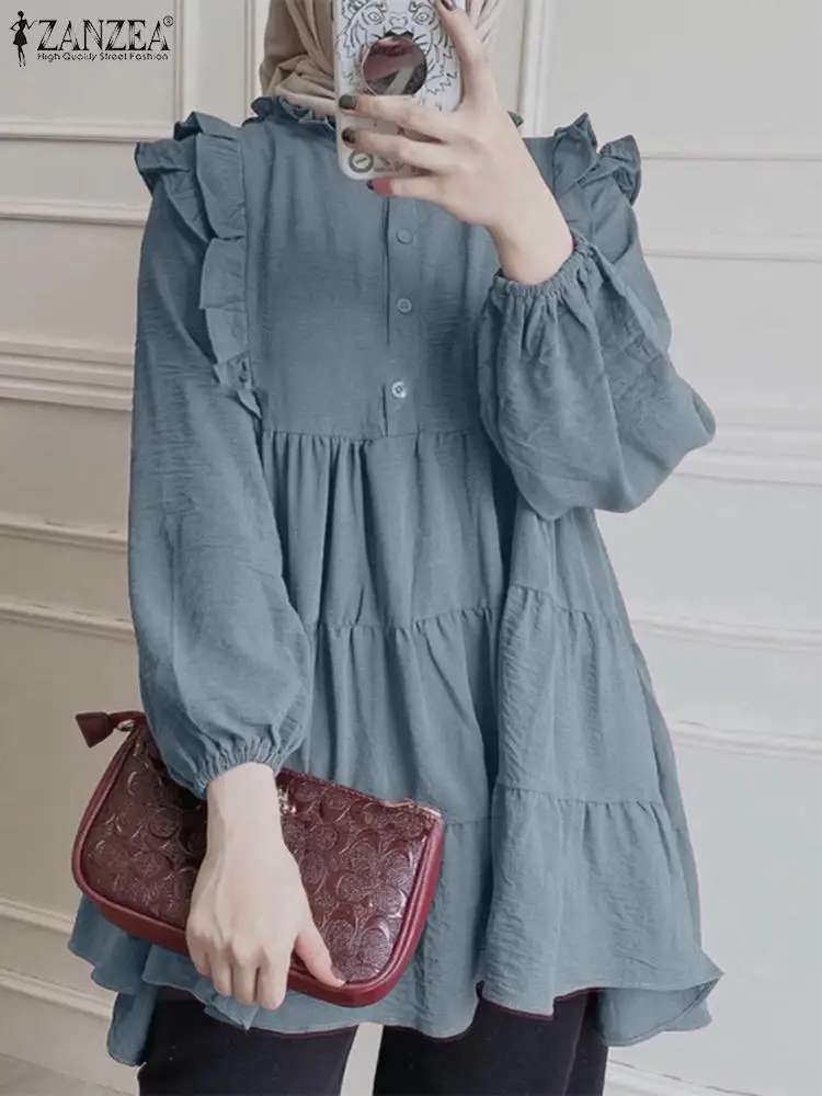 ZANZEA Fashion Women Long Sleeve Ruffles Blouse Autumn Flounce Hem Shirt Elegant Casual Muslim Ramadan Turkey Tops Loose Blusas