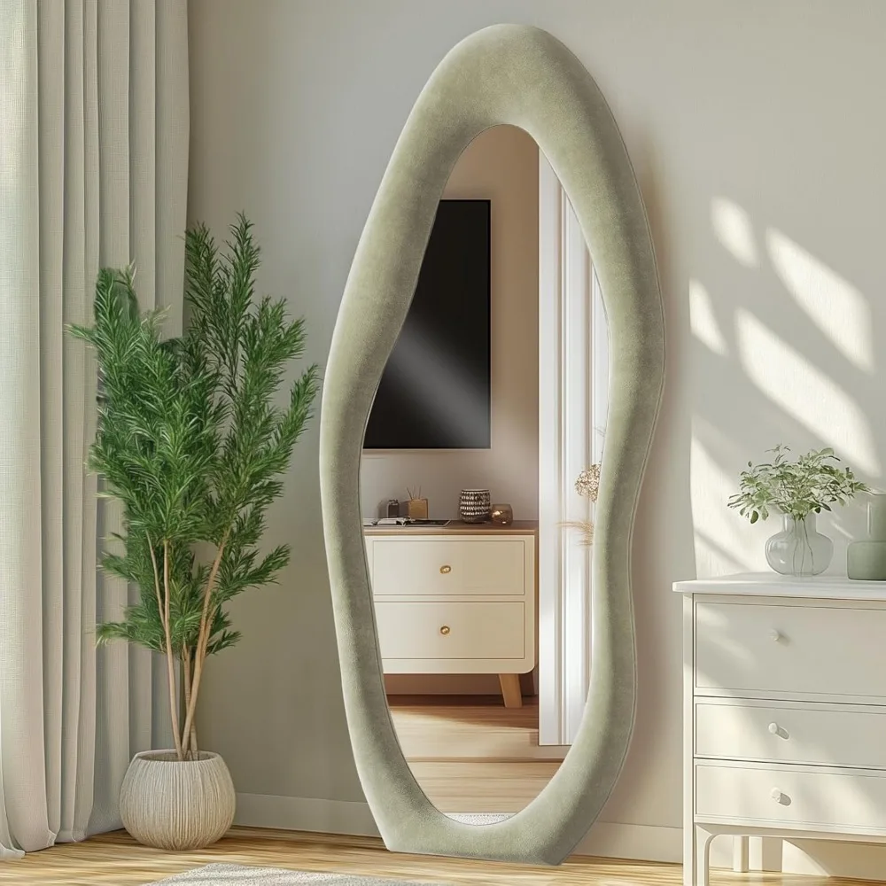 مرآة لكامل الجسم مثبتة على الأرض مع حامل، إطار من الفلانيل المريمية مقاس 63 × 24، معلق على الحائط، شكل غير منتظم، مثالي لديكور المنزل