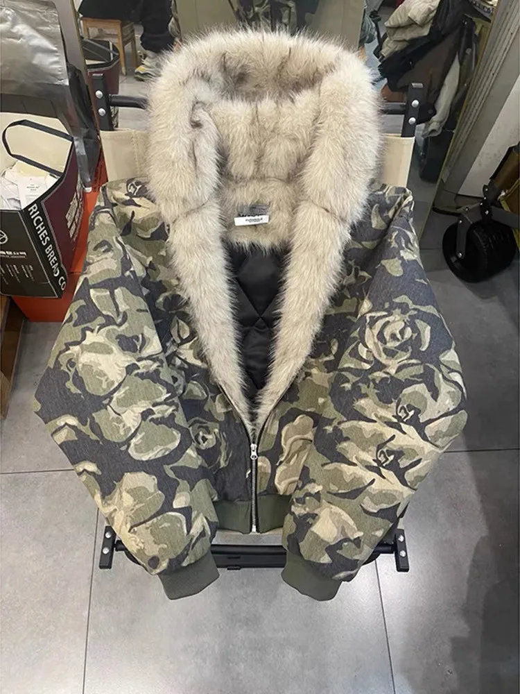 

Американская ретро-куртка из хлопка с камуфляжным принтом для мужчин, зимняя, свободная, теплая верхняя одежда, модная хлопковая одежда с большим меховым воротником