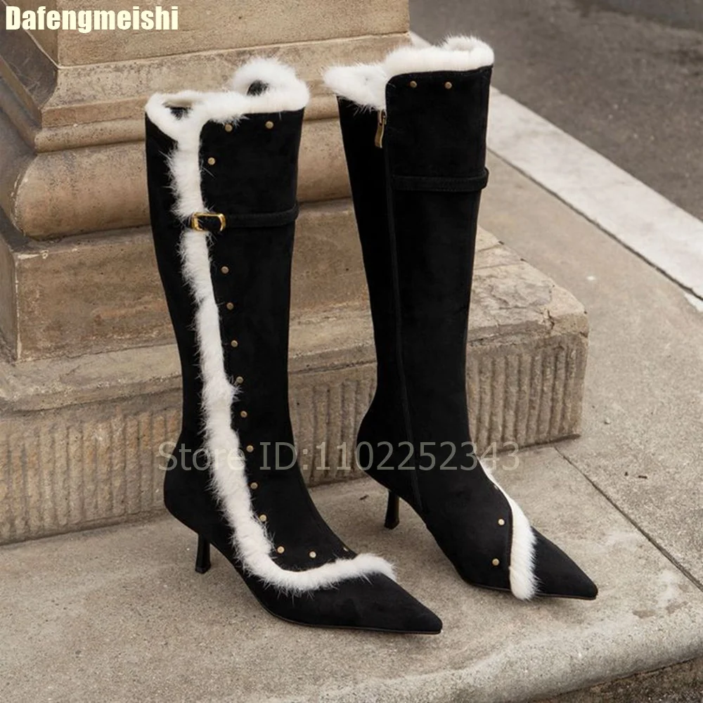 

Retro Black/brown Suede Sexy Stiletto Long Boots 2025 Winter New Elegant Pointed Toe Thin High Heel Belt Buckle Fashion Boots