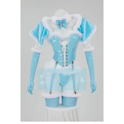 Women Lingerie Set Winter Christmas Blue White Furry Heart Hollow Top and Panty with Cloak Cosplay Costume