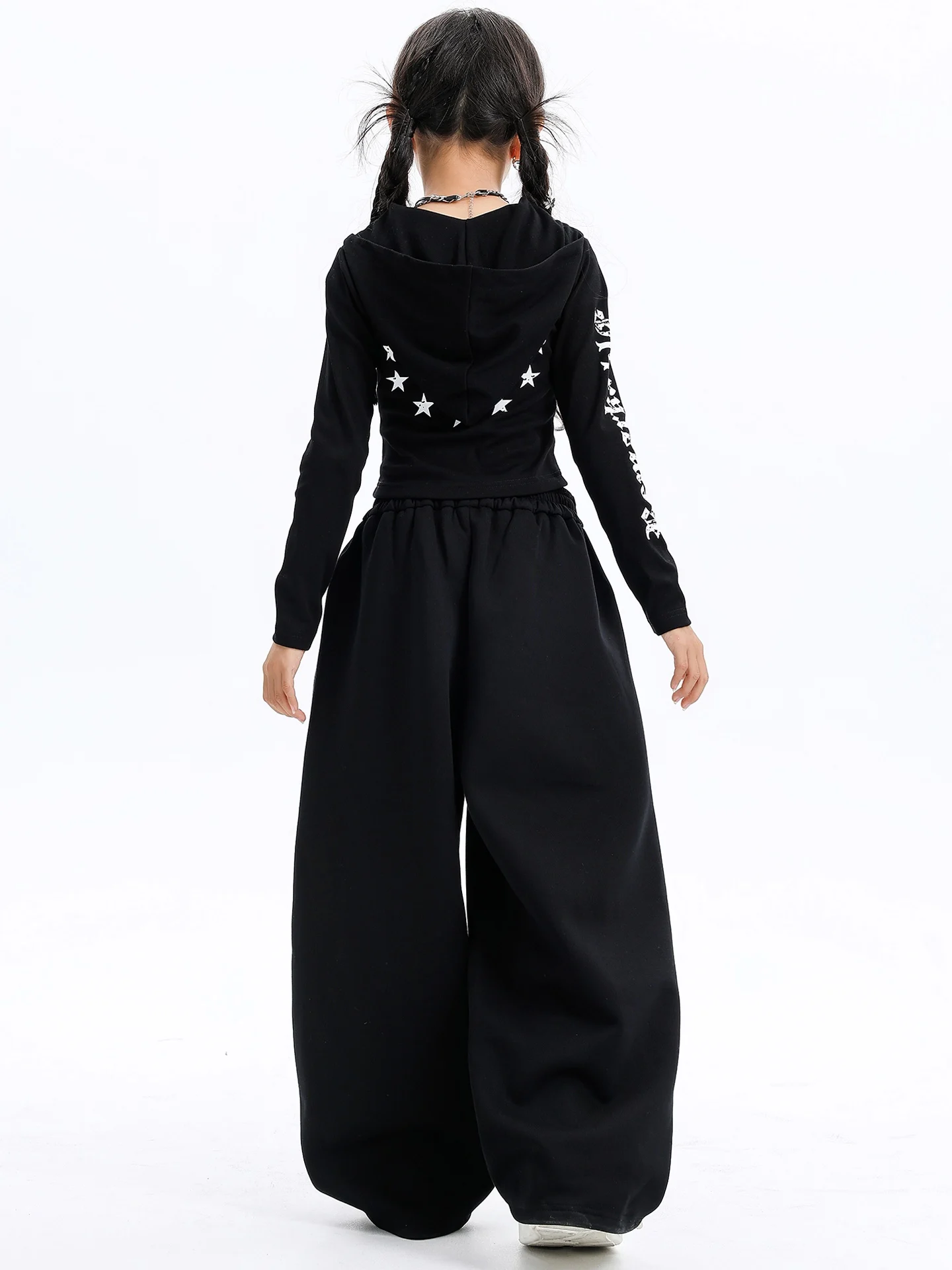 2025 中国風ジャズダンスパフォーマンス衣装女の子のための黒パーカートップスルーズパンツストリートヒップホップ服 DQS20722