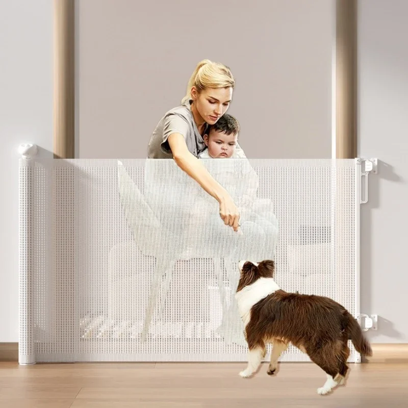 

Extra Wide Pet Retractable Mesh Gate, Dog Gate, Stairs Doorways, Hallways, Indoor and Outdoor, White Black and Grey