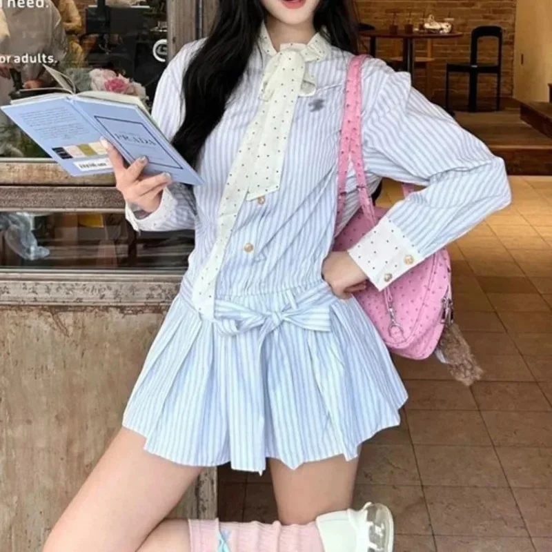 

Fashion Preppy Striped Long Sleeve Low-waist Shirt Dress Women Loose Lapel Lace Up A-line Pleated Dress Spring Sweet Short Dress