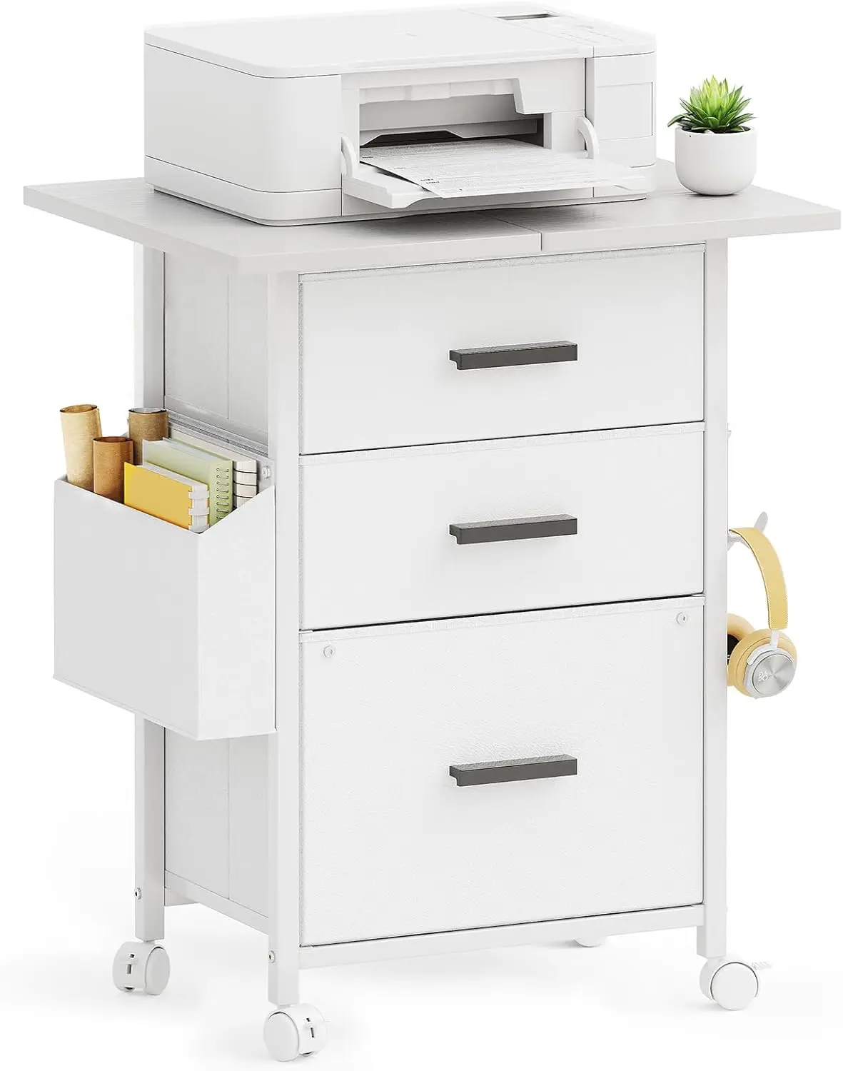 

3 Drawer Mobile File Cabinet with 24" Extended Desktop, Printer Stand, Rolling Storage, Fits A4, White
