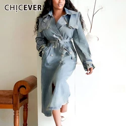 CHICEVER Vintage Patchwork Lace Up Denim Trench for Women Lapel Long Sleeve Spliced Buttons Casual Solid Windbreaker Female New