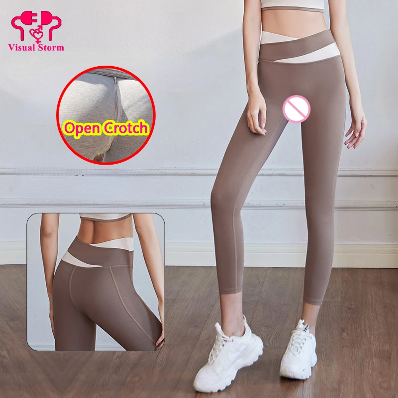 

Sexy Open Crotch Women Leggings Double Hidden Zipper High Waist Breathable Gym Pants Outdoor Sporty Erotic Crotchlesss Clubwear