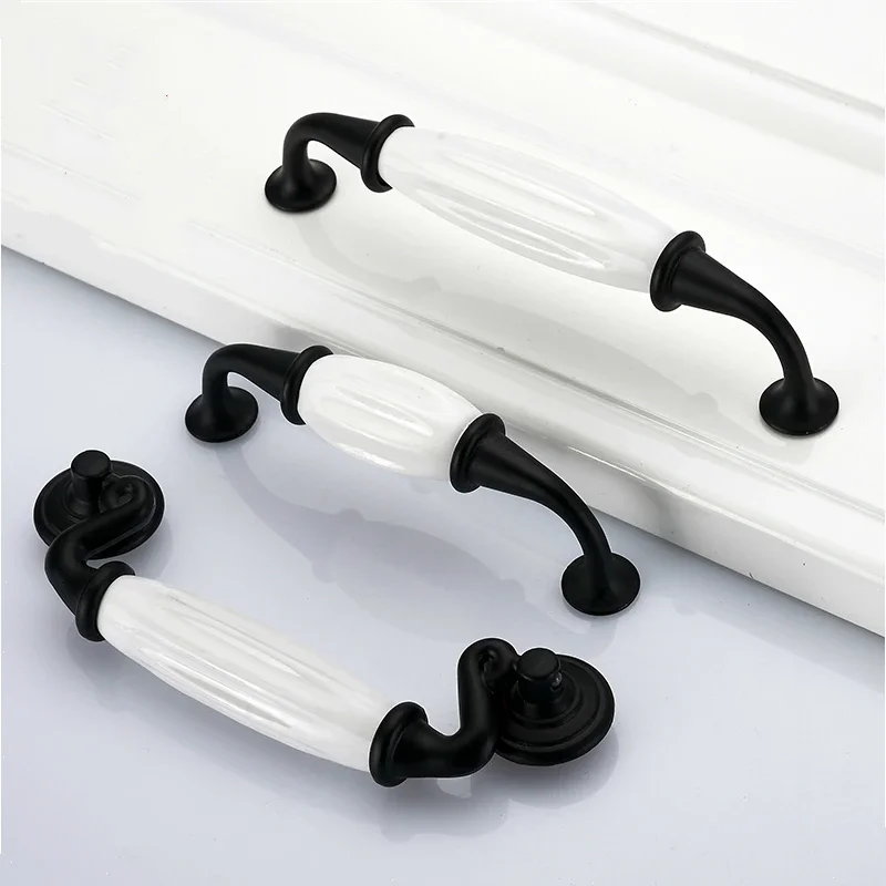 Ceramic Black White Cabinet Handles Drawer Knobs Zinc Alloy Wardrobe Door Handles Pulls Simple European Furniture Handle