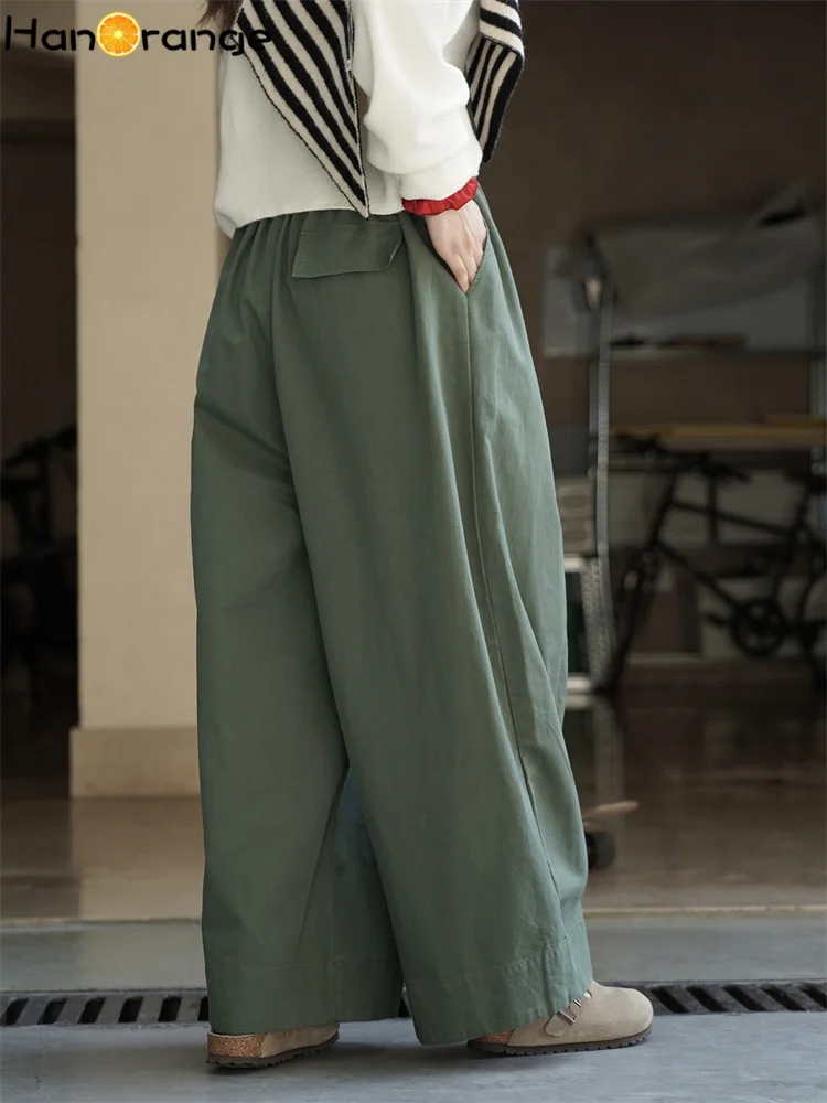 HanOrange 2025 الخريف عادية نصف مرونة الخصر بنطال ذو قصة أرجل واسعة النساء ثلاثية الأبعاد استقامة 100% سراويل قطنية أسود/مشمش/أخضر
