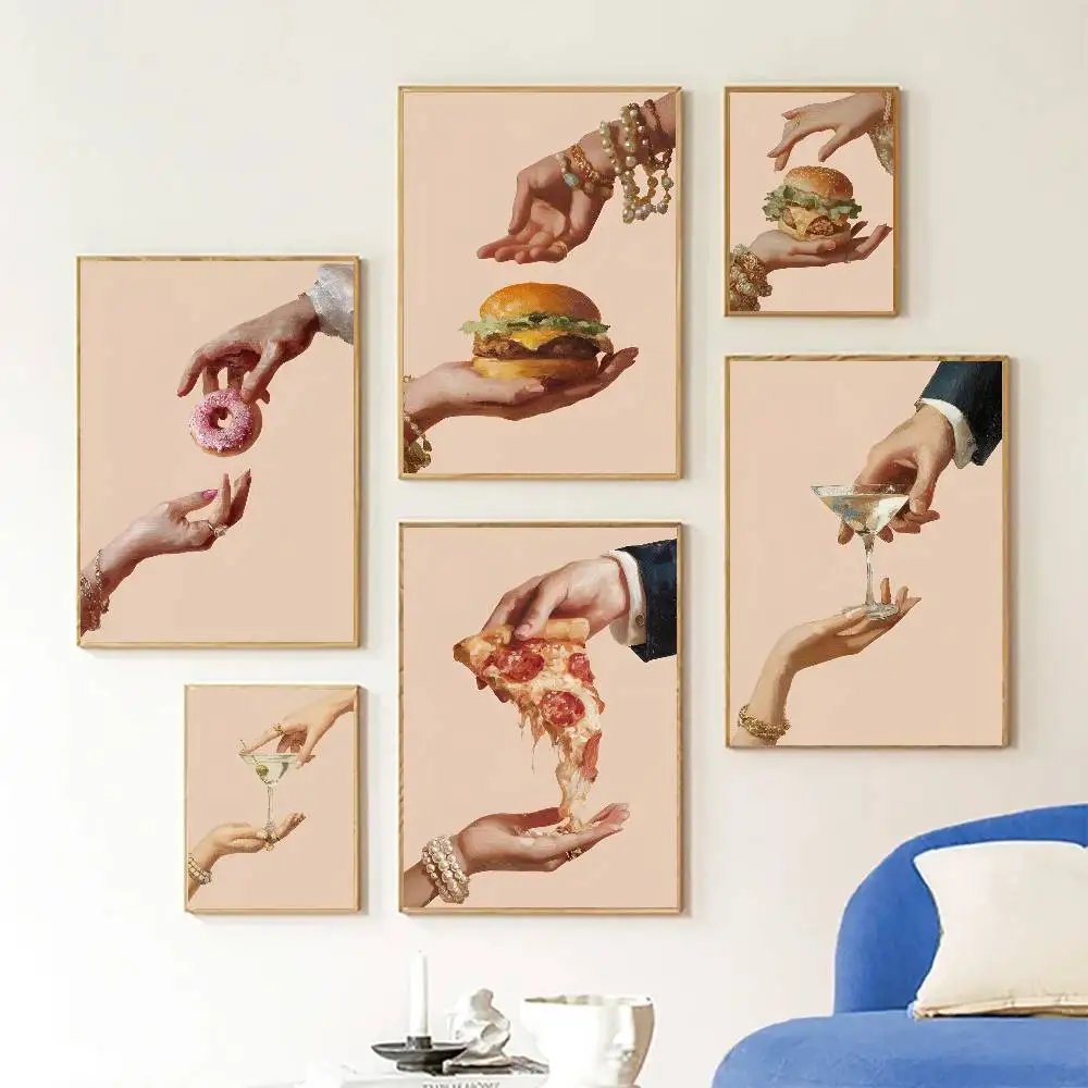 Retro Pop Classic Artwork Hand The Last Slice Cocktail Burger Food Poster Self-adhesive Art Room Entrance Restaurant Wall