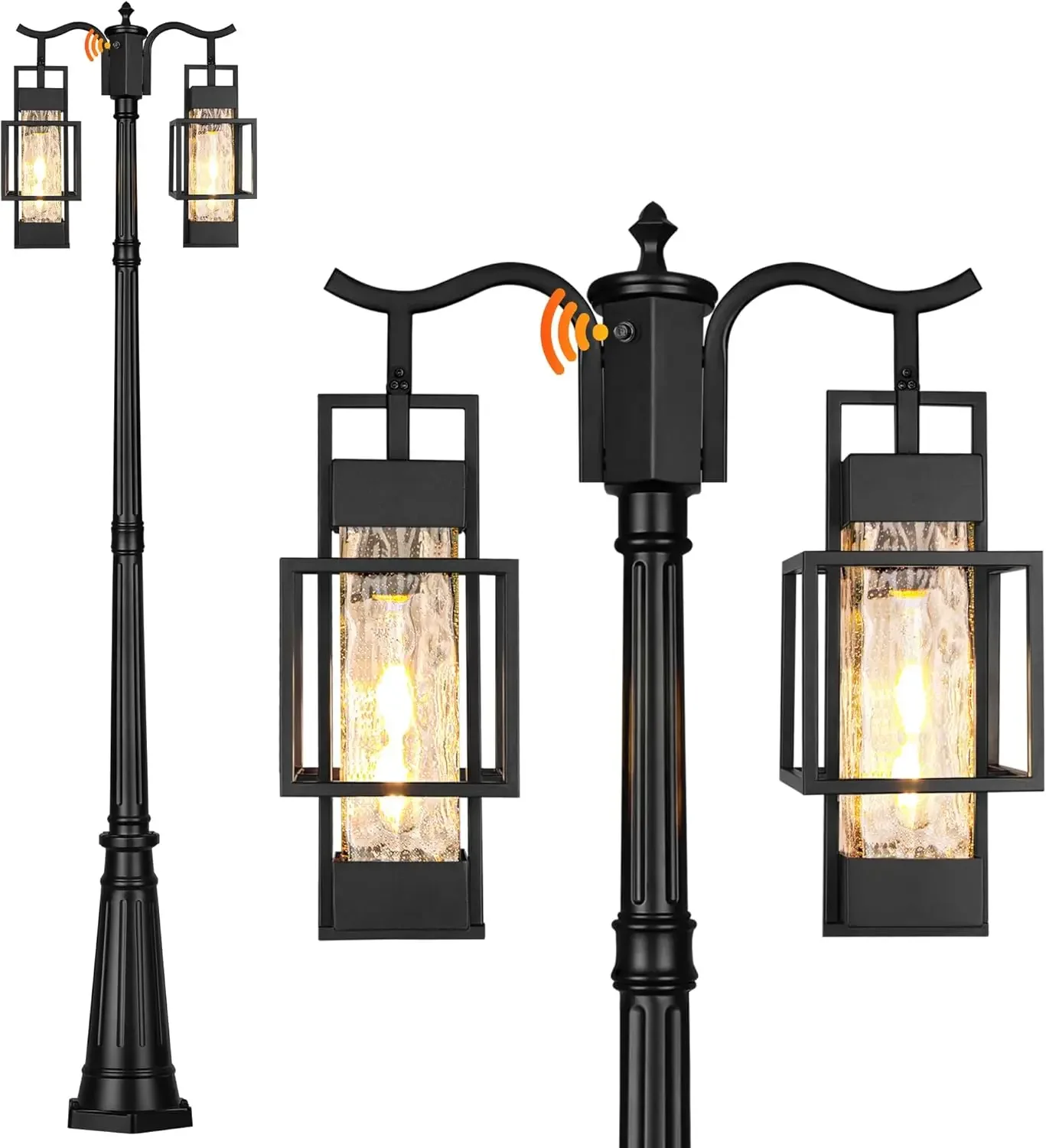 

2 Head Hardwired Outdoor Lamp Post Light Dusk to Dawn Metal Pole Water Glass Shade for Garden Patio Backyard Walkway Driveway