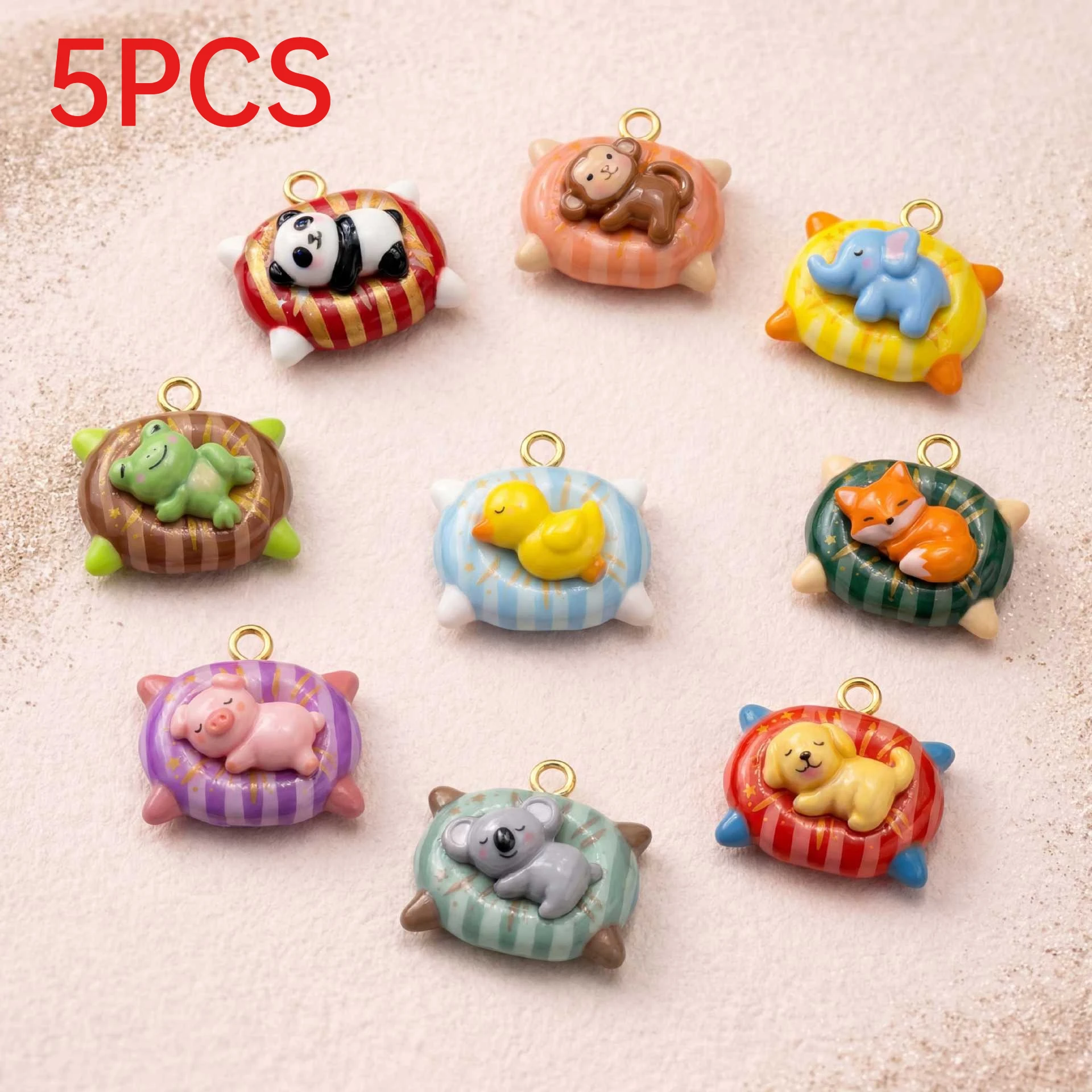 5Pcs Cute Sleeping Animal Charms Bear Dog Rabbit Koala Frog Pendants DIY Handmade Jewelry Supplies