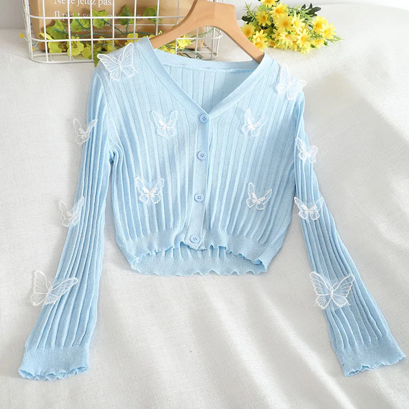 Women\'s Sun Protection Knitted Cardigan Thin V Neck Lace Butterfly Long Sleeve Tops Summer Single Breasted Female Knitshirts