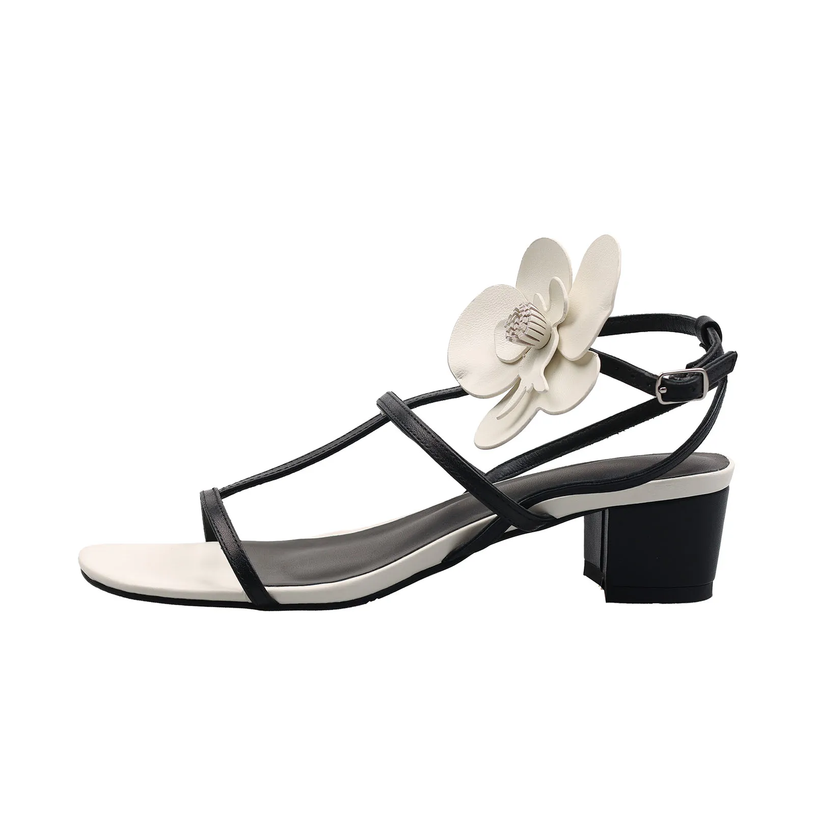 Arden Furtado 2025 Summer Holiday style sheepskin Square toe Chunky heel Open toe sandals flower Mixed Colors T belt sandals