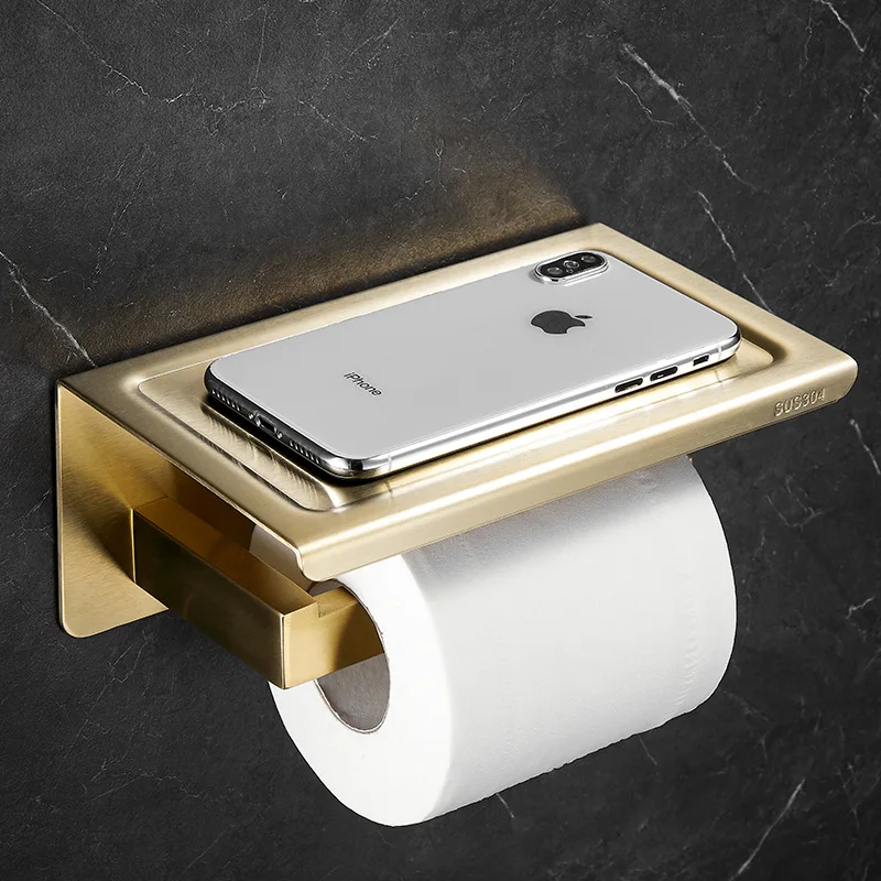 

Brushed Gold/Gun Gray/Black 304 Stainless Steel Toilet Paper Holder Wall Mounted Roll Holder Phone Storage Hanger Tissue Box