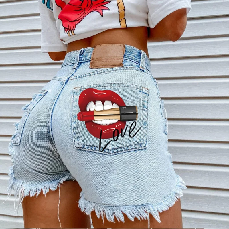Summer Trendy Women's Lipstick Street Style Shattered Denim Shorts Mouth Biting Effect Casual Jeans Fashion Accessories