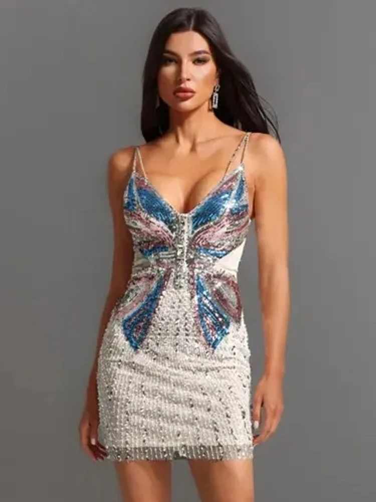 ラインストーンバタフライ装飾カットアウトスパンコールミニドレス - スパゲッティストラップバックレスパーティーナイトアウトウェア Vestido